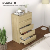 HOMCOM Cassettiera 5 Cassetti in Legno con Guide in Metallo e Maniglie Scanalate, 60x39x100 cm, color Faggio(m-5)