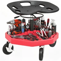 HOMCOM Banco de Oficina Móvel com Bandeja Magnética Altura Ajustável de 52–59,5 cm Carga 135 kg Banco para Mecânico com Rodas para Garagem Reparação de Automóveis Vermelho(m-10)