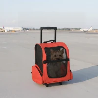 PawHut Sac de transport à roulettes pour chien 2 en 1 trolley chariot sac à dos pour chien chat avec poignée téléscopique, sacs de rangement, aérations, attache de sécurité, 42 x 25 x 55 cm, rouge(m-1)