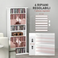 HOMCOM Scaffale Porta CD con 6 Ripiani Regolabili, Capacità di 360 CD/185 DVD, 58x24x124.5 cm, Bianco(m-5)