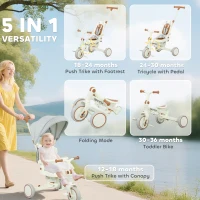 AIYAPLAY Triciclu pentru Copii 5 în 1 cu Spătar Reglabil, Triciclu pentru Copii cu Mâner de Împingere, Spătar Reglabil, Crem Alb(m-4)