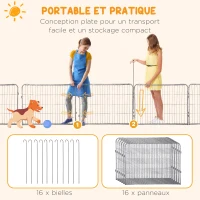 PawHut Parc pour chien, enclos chien 16 panneaux modulable et pliable, portable en acier avec portes 80 x 60 gris(m-6)