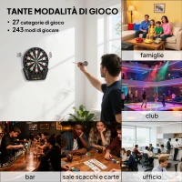 HOMCOM Bersaglio Freccette con 6 Freccette, Alimentatore, 4 Display LED e 27 Giochi, in ABS e PP, 44x51.5x3.2 cm, Nero(m-6)