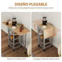 HOMCOM Carrito Auxiliar Plegable Carrito de Cocina con 6 Ruedas 1 Cajón y 3 Cesta de Metal 97,2x37x77,5 cm Gris y Roble(m-4)