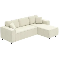 HOMCOM 3-Sitzer-Sofa mit Chaiselongue, Wohnzimmercouch mit Cordbezug, 2 Extra-Kissen, Polstersofa, Cremeweiß(m-10)