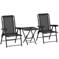 Outsunny Set Bistrot 3 pezzi in acciaio resistente alle intemperie, set mobili da giardino con tavolo pieghevole e portabicchieri, sedie da giardino, Nero(m-1)