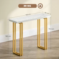HOMCOM Consolle da ingresso, con piano effetto marmo, struttura in acciaio, 100 x 30 x 78,5 cm, Bianco e oro(m-3)