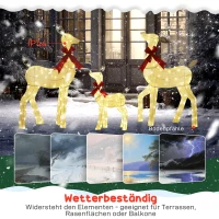 Outsunny 3-teilige Weihnachts-Dekoration, Rentier-Familie mit LED-Beleuchtung, rote Schleife, Stahl, Polyester, wasserfest(m-6)