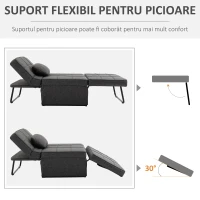 HOMCOM Taburet Pat Individual 3 în 1 cu Spătar Reglabil pe 5 Nivele și Pernă Suplimentară, 95x179x78 cm, Gri(m-6)