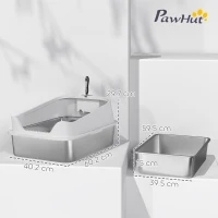 PawHut Stainless Steel Open Cat Litter Box with Scoop, High-Rim for Large Cats up to 7 kg, 60.2 x 40.2 x 29.7 cm, Gray(m-3)