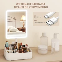 HOMCOM Schminkspiegel mit Beleuchtung wiederaufladbar 180°Drehbar LED Kosmetikspiegel mit 2 Beleuchtungsmodi, Weiß(m-6)