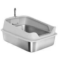 PawHut Katzentoilette Edelstahl Offene Katzenklo mit Schaufel hohem Rand für große Katzen bis 12 kg 69,8 x 50,3 x 29,8 cm Grau(m-10)