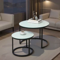 HOMCOM Glass Coffee Table Set of 2, Round Nest of Tables with Marble-Effect Tempered Glass Tabletop and Steel Frame, Modern Side Tables for Living Room, White(m-9)