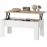 HOMCOM Mesa de Centro Elevable con Encimera Elevable con Espacio Oculto de Almacenaje 100x50x45-58,5 cm Blanco y Natural(m-11)