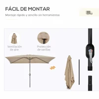 Outsunny Sombrilla de Aluminio 200x300x253 cm Parasol Rectangular de Jardín Inclinable con Manivela y Poste Desmontable Caqui(m-7)
