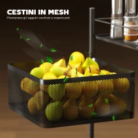 HOMCOM Carrello Cucina a 3 Livelli con Cestini in Metallo Girevoli, Ruote e Freno, 27.5x27.5x62 cm, Nero(m-5)