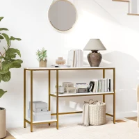 HOMCOM Konsole 120 cm, 3-stufiger Konsolentisch mit Ablagen, marmoroptische Platten, weiß und gold(m-5)