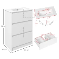 kleankin Meuble de salle de bain avec 2 tiroirs et vasque en céramique de synthèse 61 x 37 x 88 cm blanc brillant laqué(m-3)