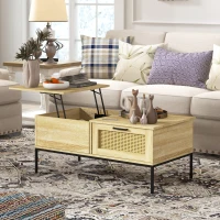 HOMCOM Table basse avec plateau relevable table de salon avec 2 grands tiroirs cadre en acier 106 x 56,3 x 48 cm naturel(m-10)