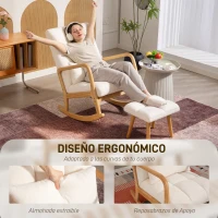 HOMCOM Silla Mecedora con Reposapiés Tapizado en Bouclé Cojín Acolchado y Reposabrazos y Patas de Madera Carga 120 kg Blanco(m-6)