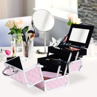 HOMCOM Mallette à maquillage rangement à 3 niveaux avec miroir verrouillage avec 2 clés dim. 20L x 15l x 15H cm rose(m-10)