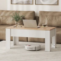 HOMCOM Mesa de Centro Elevable con Encimera Elevable con Espacio Oculto de Almacenaje 100x50x45-58,5 cm Blanco y Natural(m-8)