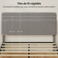 HOMCOM Cadre de lit 160 x 200 cm, sommier à lattes en bois, tête de lit réglable, lit double rembourré en velours côtelé, gris(m-4)