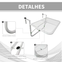 Outsunny Mesa Suspensa para Varanda com Braço e Altura Ajustável em 3 Posições Estrutura de Metal 60x56,5x45 cm Branco(m-6)