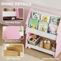 AIYAPLAY Kids Bookshelf with Toy Storage, Double-Sided Bookcase with Wheels, 3 Tier Kids Book Rack for Bedroom, Pink(m-7)