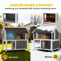 PawHut Outdoor-Katzenhaus, Katzenzuflucht für den Außenbereich, wasserfest, aufklappbares Dach, Fichtenholz, 80 x 93 x 95, Grau(m-4)