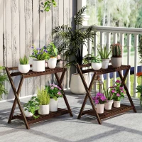 Outsunny Lot de 2 support plantes intérieur 2 niveaux étagères à plants avec support arrière 73 x 36 x 64 cm marron(m-10)