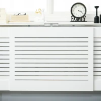 HOMCOM MDF Extendable Radiator Cover Cabinet Shelving Home Office Slatted Design White 139-208.5L x 20.5W x 82.5H cm(m-8)