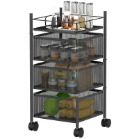 HOMCOM Carrello Cucina a 3 Livelli con Cestini in Metallo Girevoli, Ruote e Freno, 27.5x27.5x62 cm, Nero(m-11)