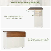 Isola da cucina con piano ribaltabile, carrello portavivande su ruote con 2 ante scorrevoli e 3 cassetti, 140x45/73x94 cm, Beige(m-7)