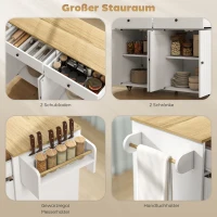 HOMCOM Rollbare Kücheninsel, 2 Schubladen, 2 Schränke, verschiebbar, Gewürzregal, Handtuchhalter, Messerhalter, MDF, Weiß(m-4)