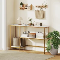 HOMCOM Mueble consola 120 cm, mesa consola de 3 niveles con estantes de almacenamiento, tableros efecto mármol, blanco y dorado(m-4)