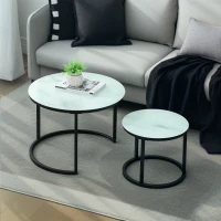 HOMCOM Glass Coffee Table Set of 2, Round Nest of Tables with Marble-Effect Tempered Glass Tabletop and Steel Frame, Modern Side Tables for Living Room, White(m-2)