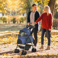 PawHut Poussette buggy pliable chien chat panier rangement porte-gobelets tissu 300D Oxford imperméable 4 roues bleu foncé(m-10)