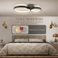 HOMCOM Plafoniera LED Moderna a 3 Anelli con Temperatura Colore Regolabile, Potenza 40W, Nero(m-5)