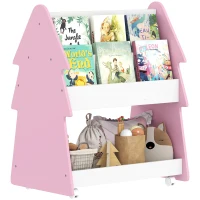 AIYAPLAY Kids Bookshelf with Toy Storage, Double-Sided Bookcase with Wheels, 3 Tier Kids Book Rack for Bedroom, Pink(m-10)