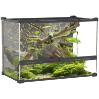 PawHut Terrario per rettili in vetro con ventilazione e sfondo effetto pietra, 50x30x35 cm, Nero(m-7)