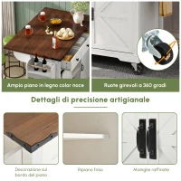 Isola da cucina con piano ribaltabile, carrello portavivande su ruote con 2 ante scorrevoli e 3 cassetti, 140x45/73x94 cm, Beige(m-4)