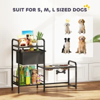 PawHut Gamelle surélevée réglable en hauteur avec rangement, bol d'eau, 2 x 800 ml bols en acier inoxydable 89,5x27x74 cm Noir(m-4)