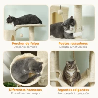 PawHut Árbol Rascador para Gatos con Plataforma Torre Escalador para Gatos con Cama Cuevas Postes de Sisal 60x48x202 cm Beige(m-6)