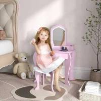 ZONEKIZ Coiffeuse pour enfant avec tabouret et miroir, table de maquillage avec tiroir et 2 compartiments, 55x36x86cm, rose(m-2)