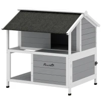 PawHut Outdoor-Katzenhaus, Katzenzuflucht für den Außenbereich, wasserfest, aufklappbares Dach, Fichtenholz, 80 x 93 x 95, Grau(m-10)