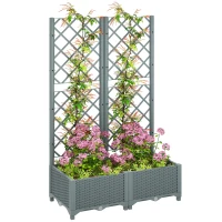Outsunny Raised Garden Bed with Trellis, Plastic Planter Box with Drainage Holes, Drain Plugs and Water Reservoirs for Climbing Plants, Vegetables, Flowers, Grey(m-10)