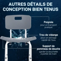 HOMCOM Chaise de Douche siège de Douche Ergonomique Hauteur réglable Pieds antidérapants Charge Max. 136 Kg alu HDPE Gris(m-8)