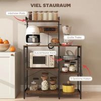 HOMCOM Küchenregal, Standregal mit 2 Steckdosen, 5 S-Haken, 5 Ablagen, Korb, X-Streben Stahl 90 x 42 x 130 cm(m-6)