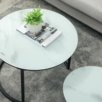 HOMCOM Glass Coffee Table Set of 2, Round Nest of Tables with Marble-Effect Tempered Glass Tabletop and Steel Frame, Modern Side Tables for Living Room, White(m-7)